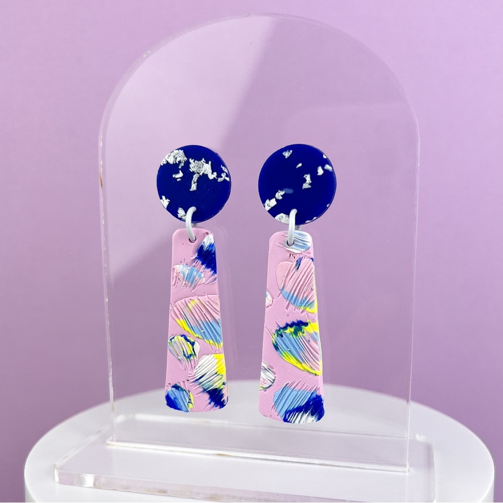 Colorful Abstract Design Polymer Clay Dangle Earrings Handmade Funky - Picture 5 of 10